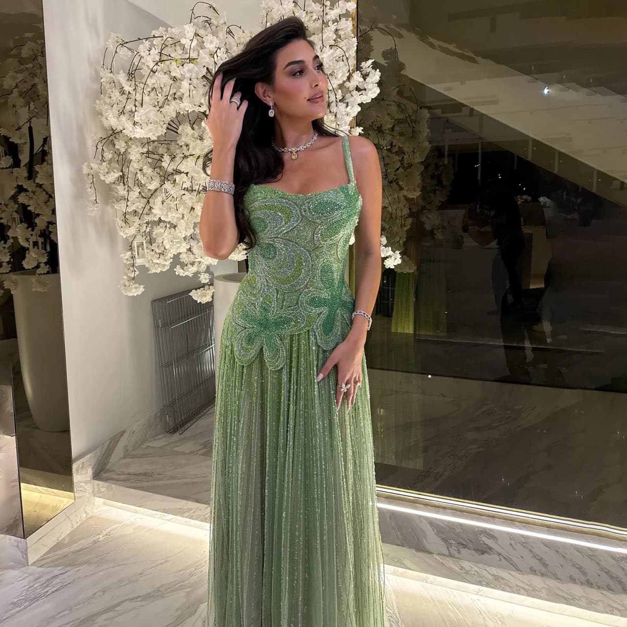 SERENE HILL 2026 Luxury Arabic Green Spaghetti Strap Beaded Evening Dress Formal Wedding Party Gown GLA73332 Customized