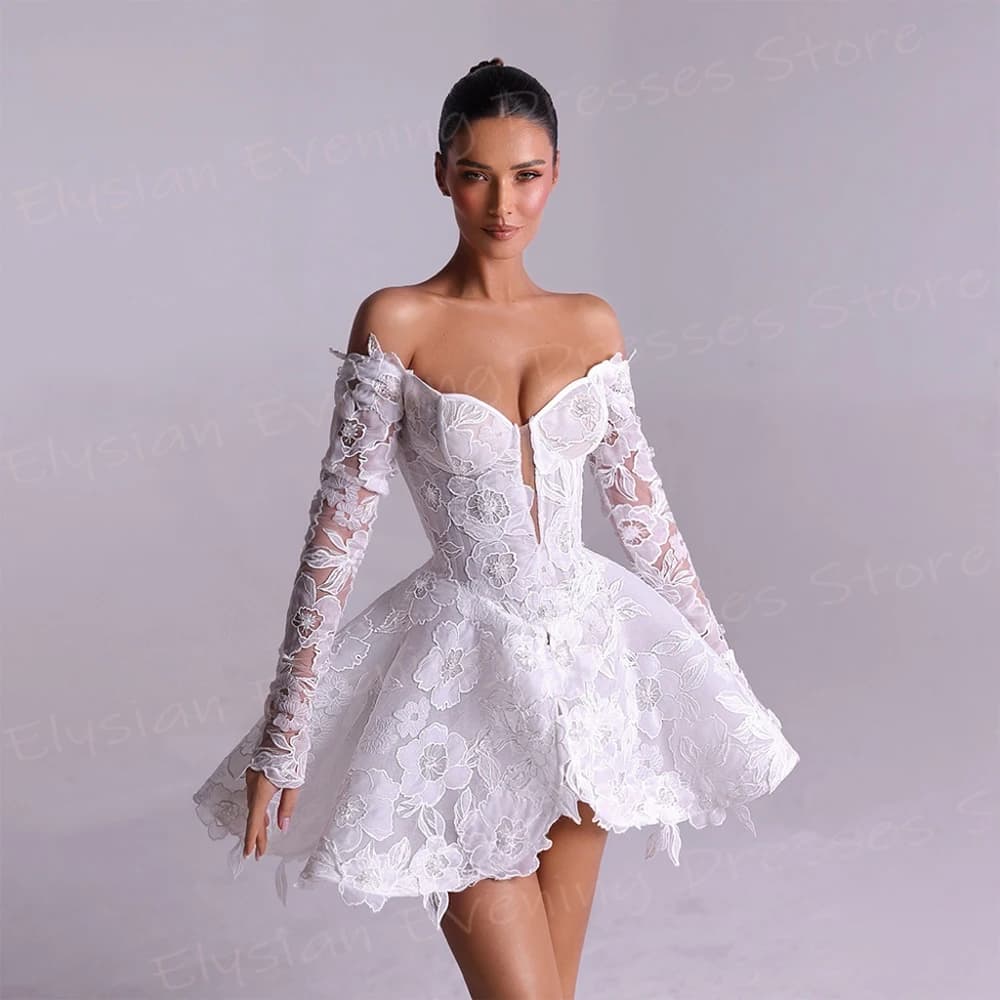 Sexy White Mini Women's A Line Evening Dresses Off Shoulder Prom Gowns Long Sleeve Lace Appliques Customized Vestido De Noche