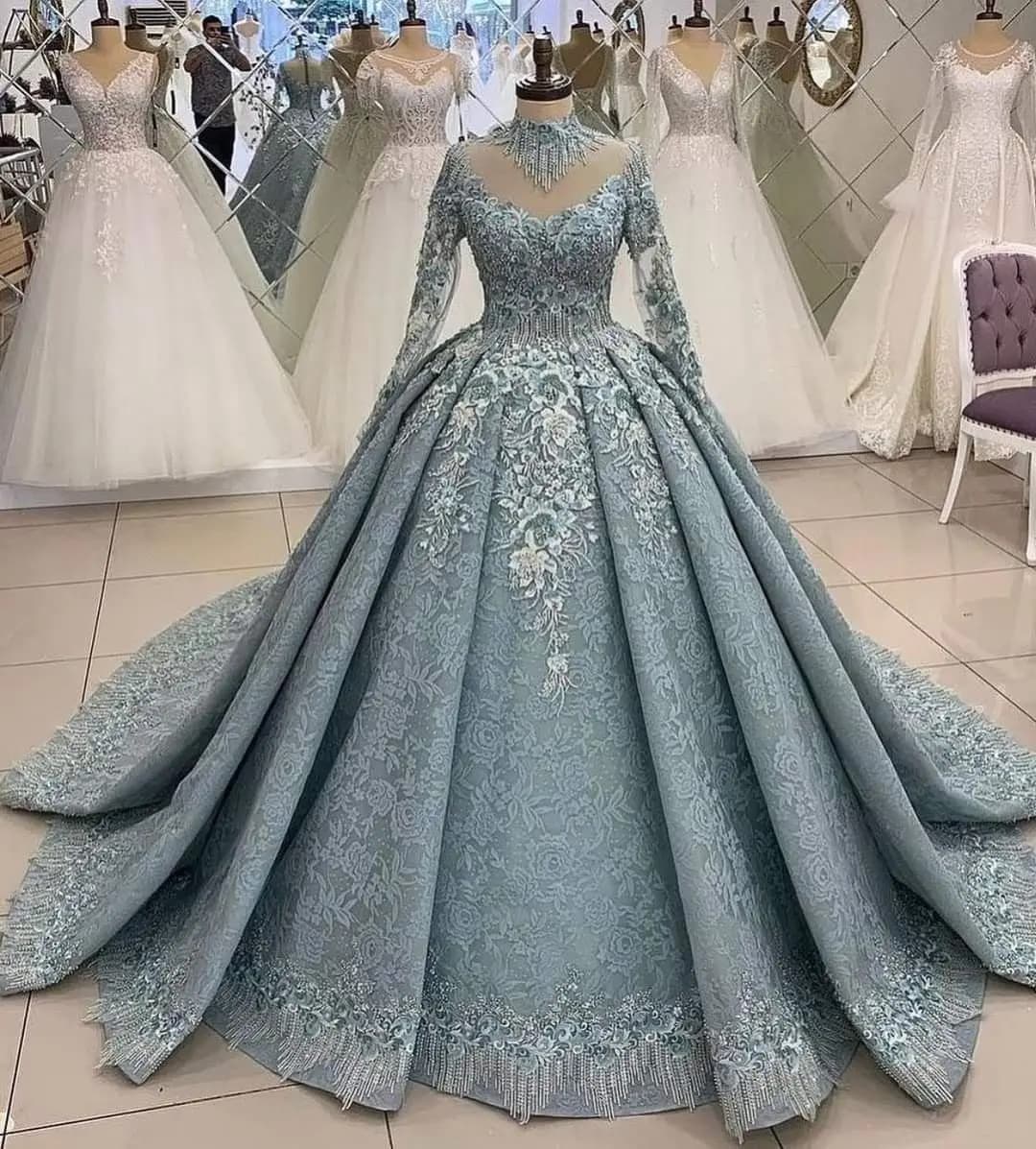 Sky Blue Muslin  Wedding Dresses  O Neck Long Sleeves Luxury Lace Bridal Gowns Appliques Robes De Mariees Luxe Dubai Customized