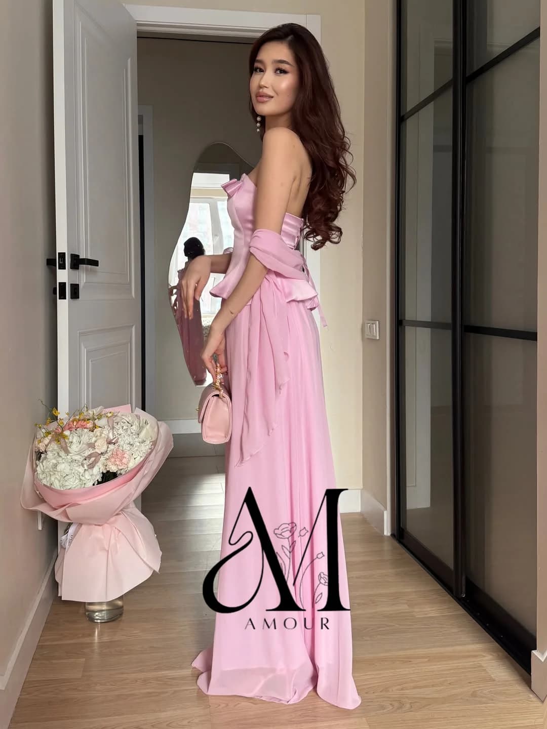 Amour Customized Straight Saudi Simple Evening Dresses Strapless Sleeveless Chiffon Bow Floor-length Elegant Party Gowns 2026