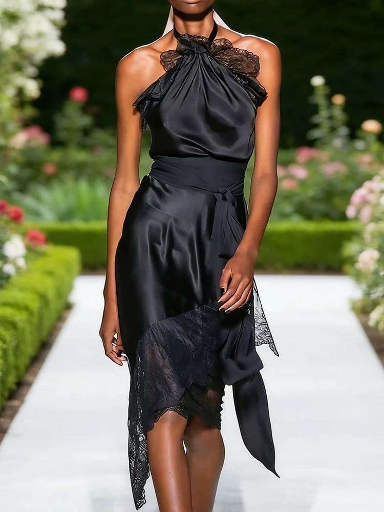 Sexy Halter Black Lace Sleeveless Asymmetrical Formal Evening Dresses Birthday Party Prom Gowns Customized