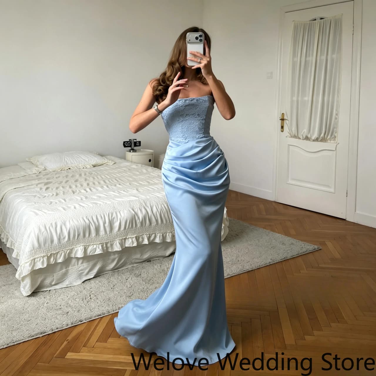 Light Blue Formal Evening Gown featuring a strapless lace bodice, a draped satin waist detail, and a sleek mermaid silhouette