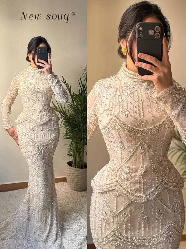 Middle East Champagne Muslim Wedding Party Dresses Customized Arabic Beaded High Neck Long Sleeves Formal Evening Gowns
