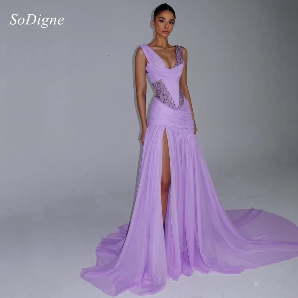 SoDigne Sexy Low Cut-Out Chiffon Evening Dress Pleat V-Neck Sequined Party Dress Elegant High Slit A-Line Prom Gowns Customized