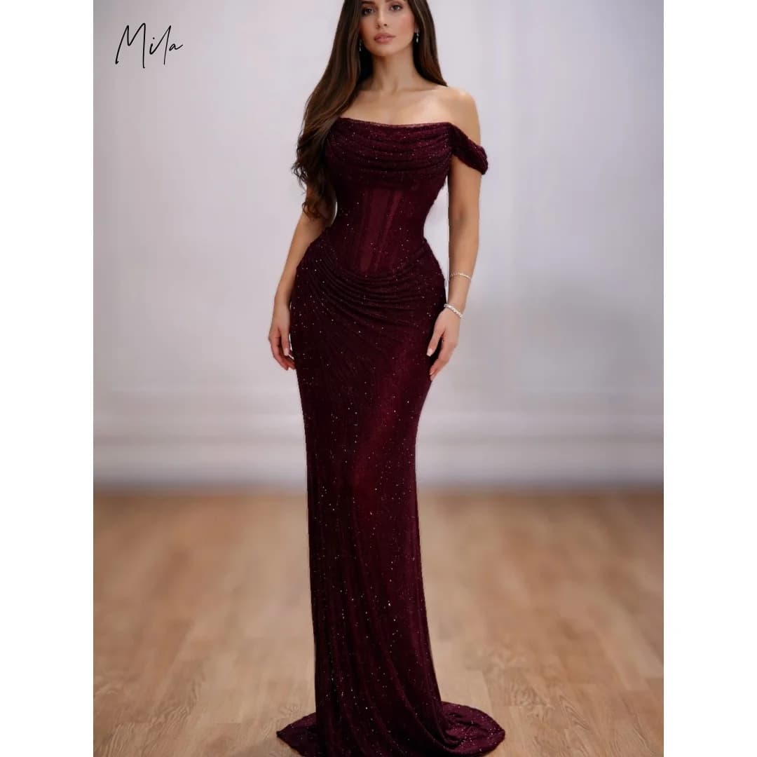 Mila Burgundy Off Shoulder Prom Dresses with Glitter Fabric Ruched Mermaid Silhouette Customized Formal Evening vestidos de gala