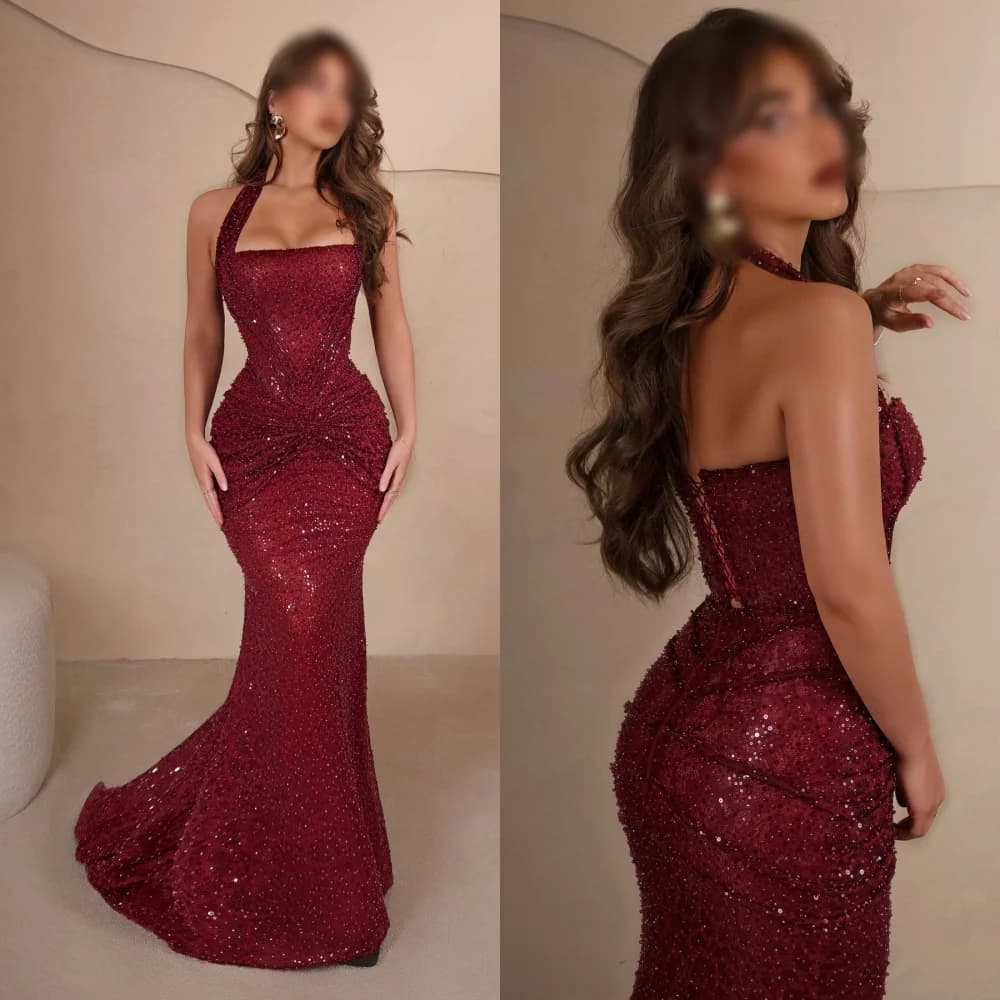 Customized Glitter Pleat Sequined Luxury Evening Dress Collection Halter Mermaid Long Dresses Bespoke Occasion Wedding Party
