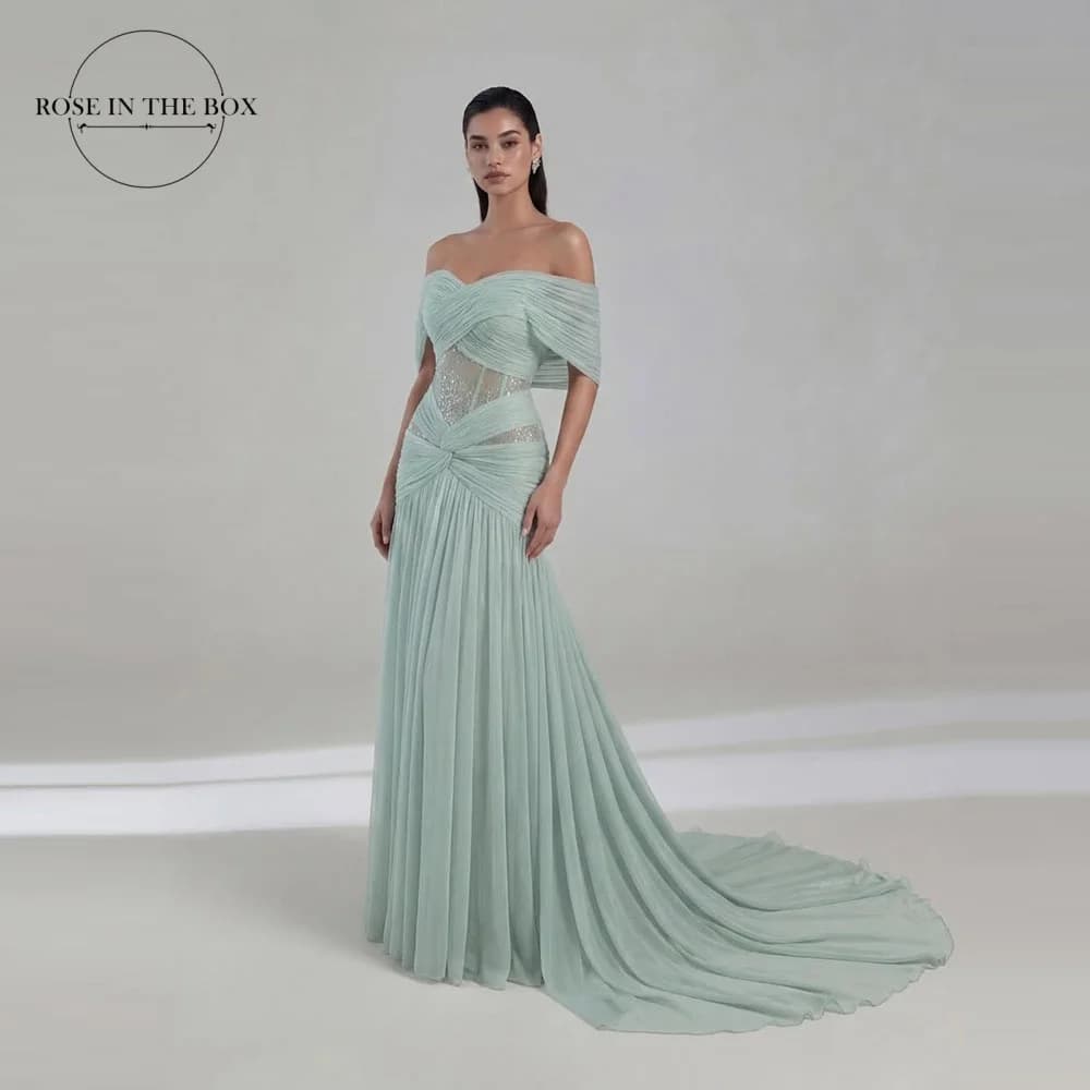 ROSEINTHEBOX Customized Off Shoulder Tulle Evening Dresses Sweep Train Women's Formal Evening Gowns فساتين سهره Mermaid Gowns