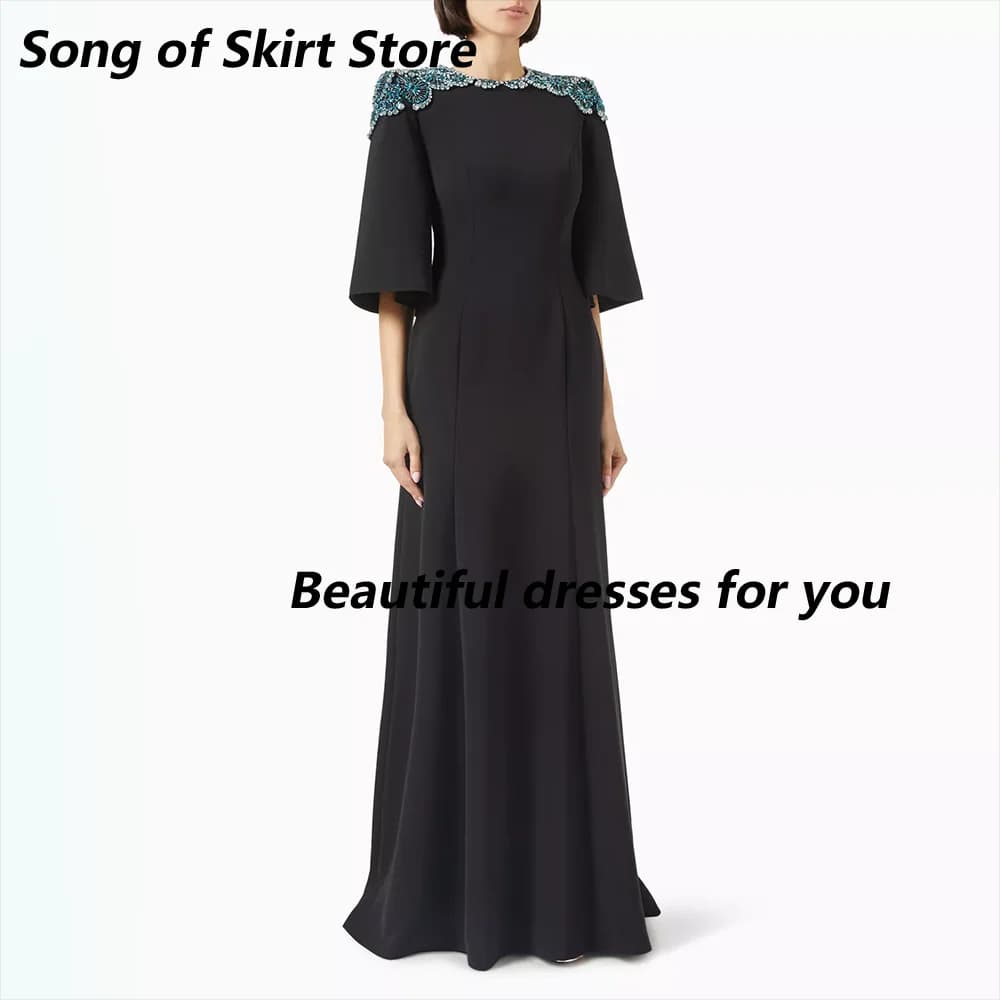 Crystal Evening Dresses Black Half Sleeves Mermaid Women's Evening Gowns O Neck Trumpet Elegant Wedding Party Dress Customized
