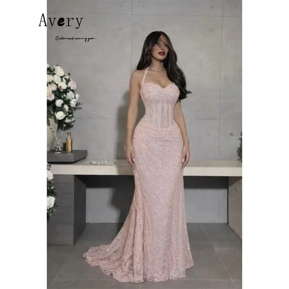 Avery Custom Fishtail Pink Lace Shiny Evening Dresses Woman Elegant Party Dresses for Women Luxury Women's Evening Dresses Dress