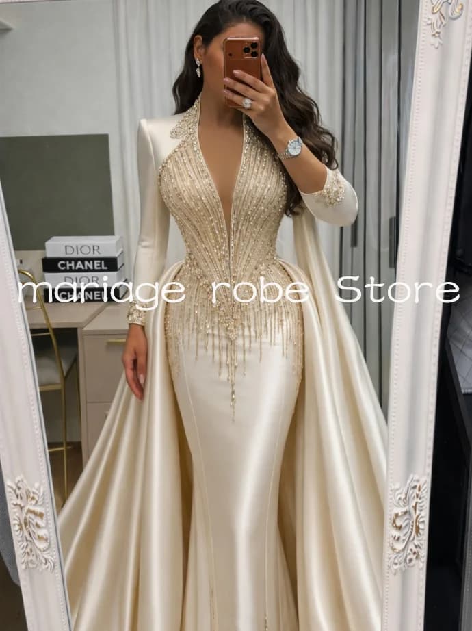 Luxury Champagne Shirt Mermaid Prom Dresses with Detachable Train Crystal Long Sleeve Middle East Evening Gala Gown Customized
