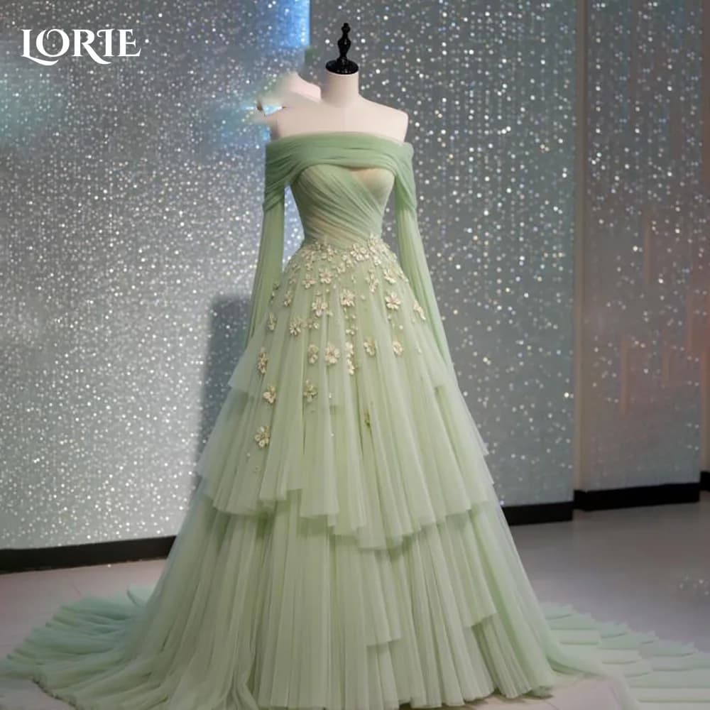LORIE Spring Prom Dresses Off Shoulder Saudi Arabia 3D Flower Floor Length Evening Dress Pleats Arabia Party Gown Customized