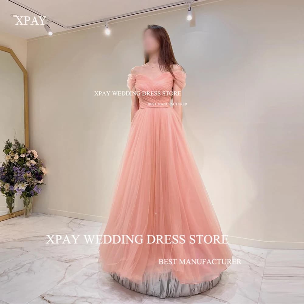 XPAY Fairy Blush Pink Tulle Evening Dresses For Wedding Party Off the Shoulder Sleeves Prom Gowns Photo shoot Lace Up Back