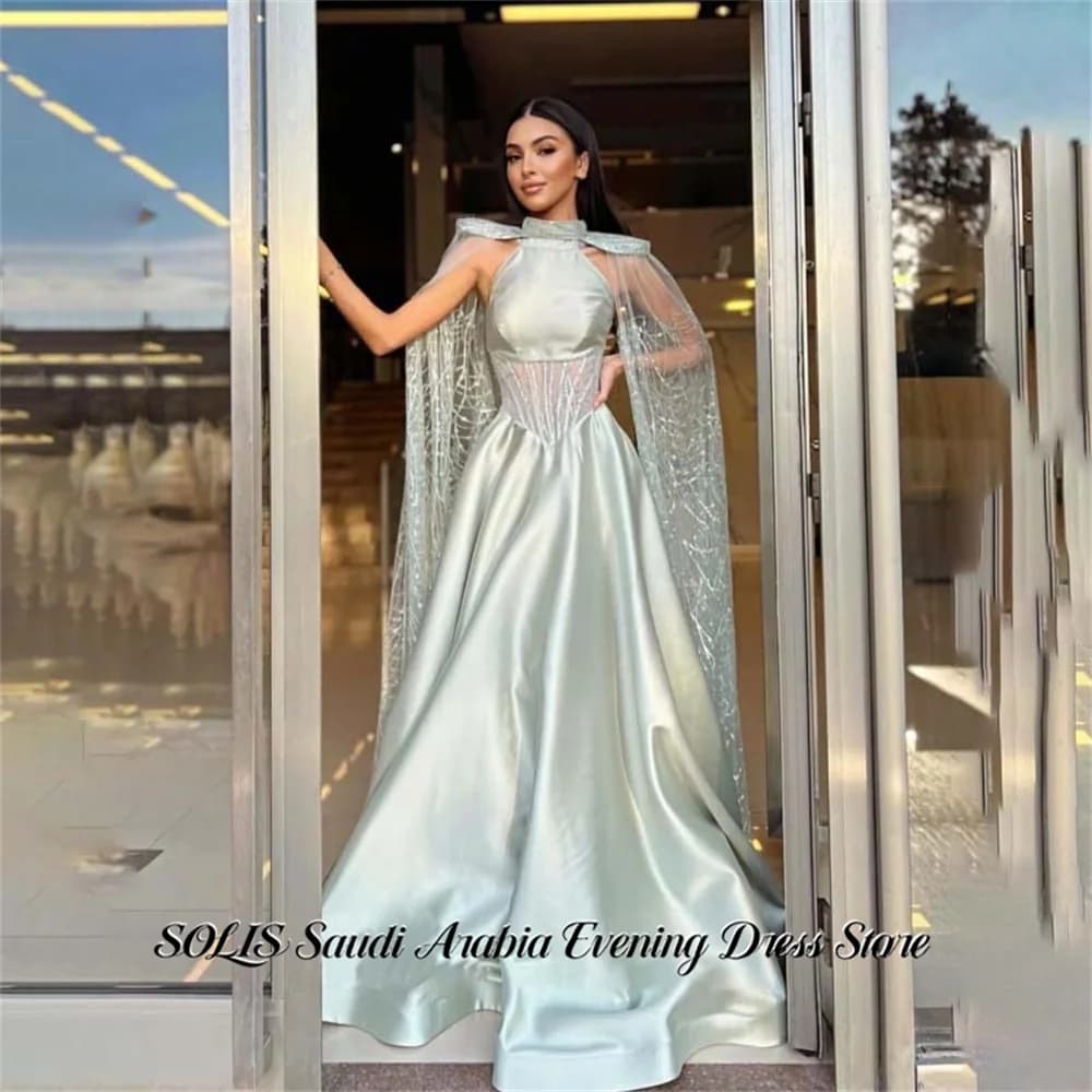 SOLIS Green Sequin Prom Dress High Neck Off the Shoulder Celebrity Dresses A Line Women's Evening Dresses Formal Gown Customized
