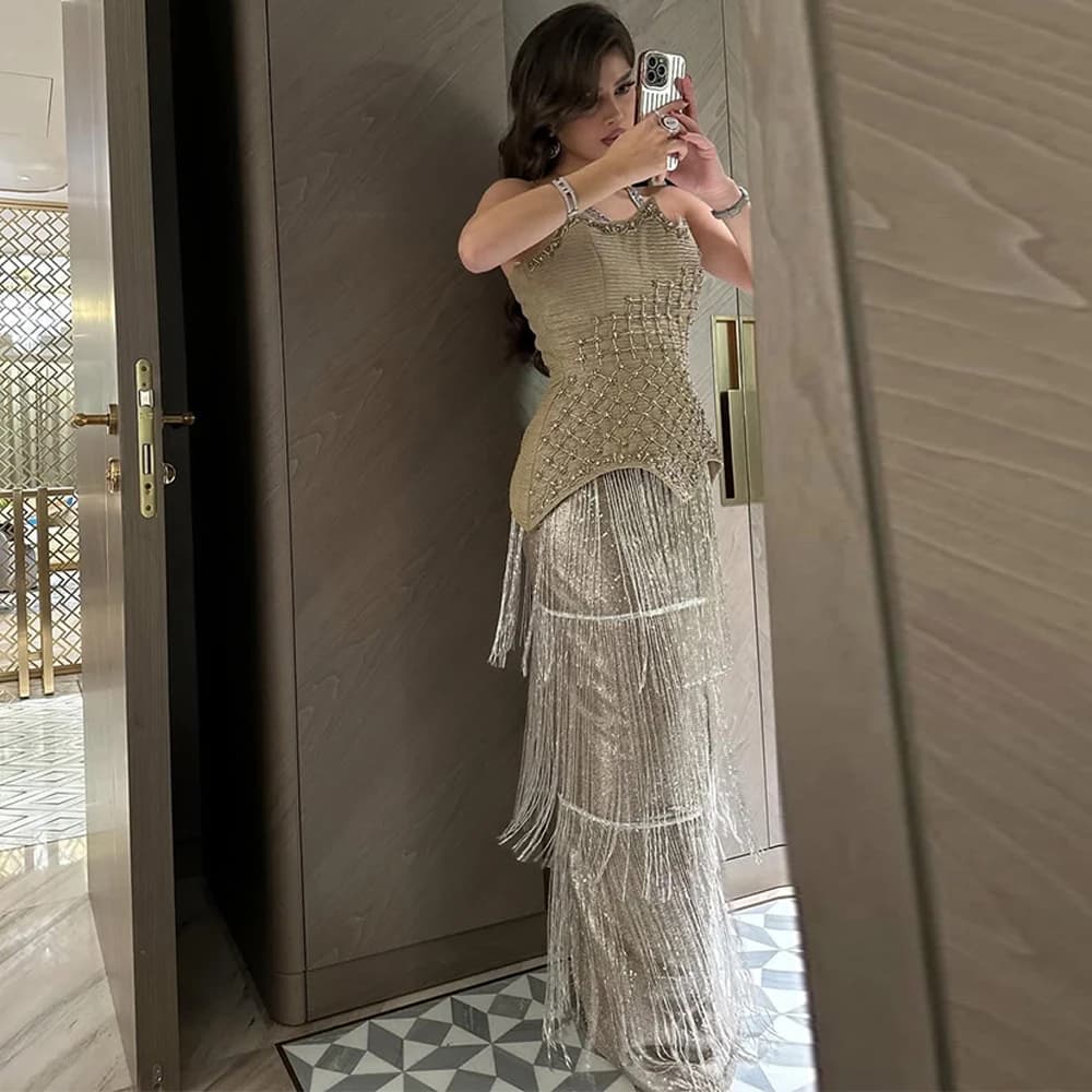 Fashion Strapless Tassel Evening Dress Temperament Sleeveless Party Dresses Formal Beading Crystal Customized Celebrity Gown