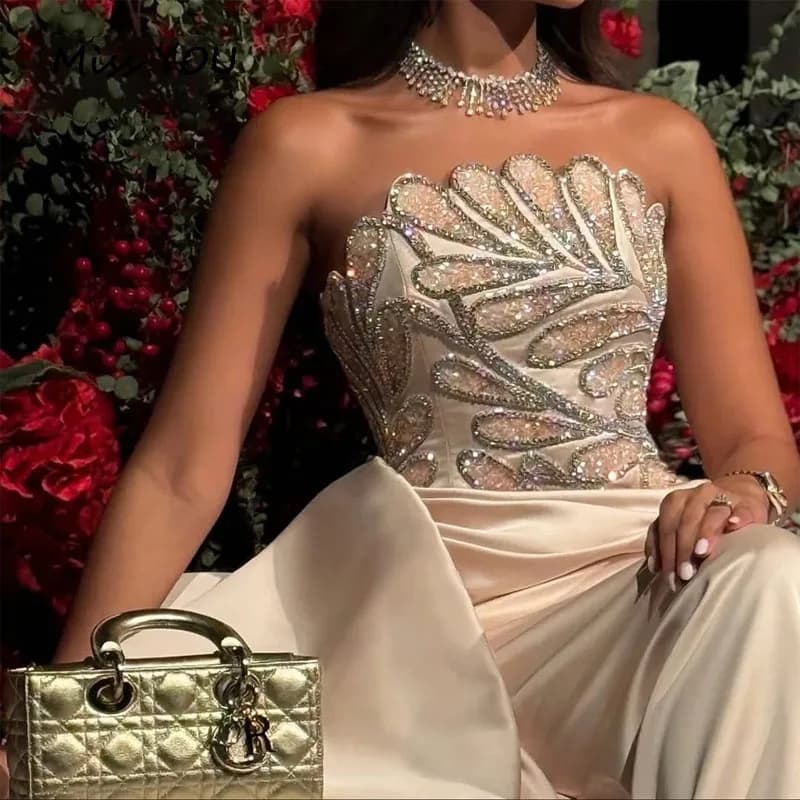 Customized Evening Dress vory Satin with Shiy Sequins Crystal فساتين سهرة Asymmetrical Hem Party Dress